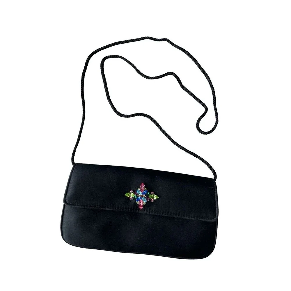 Valerie Stevens Black Satin Evening Bag Rhinestone Floral Clutch Crossbody Purse